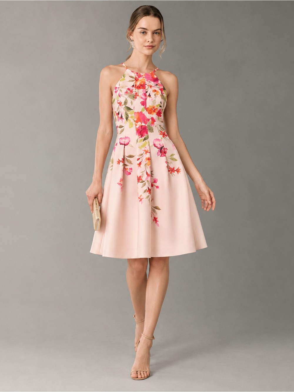 NWT Adrianna Papell Floral Halter Fit & Flare Cocktail Dress Pink Sz 4